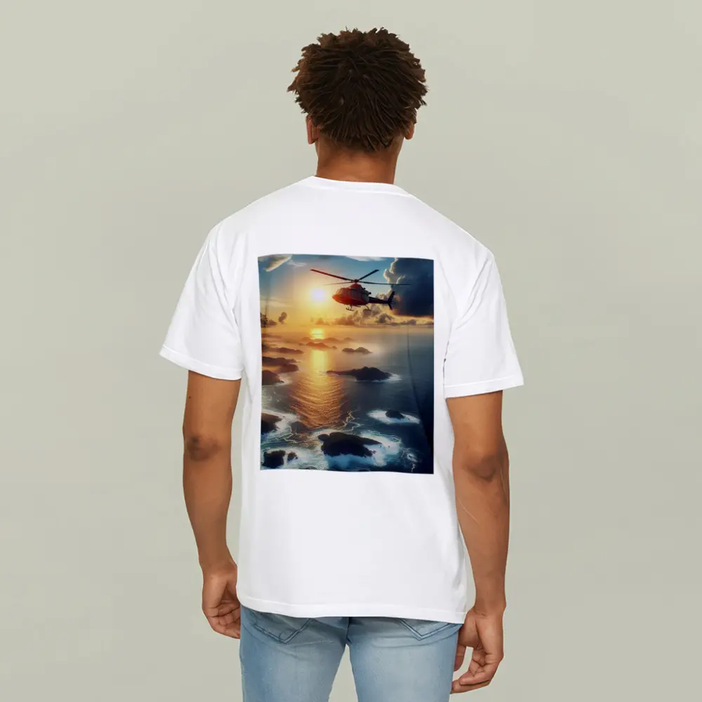 Helicopter Flying Over Coastal Sunset Seascape – T-Shirts
