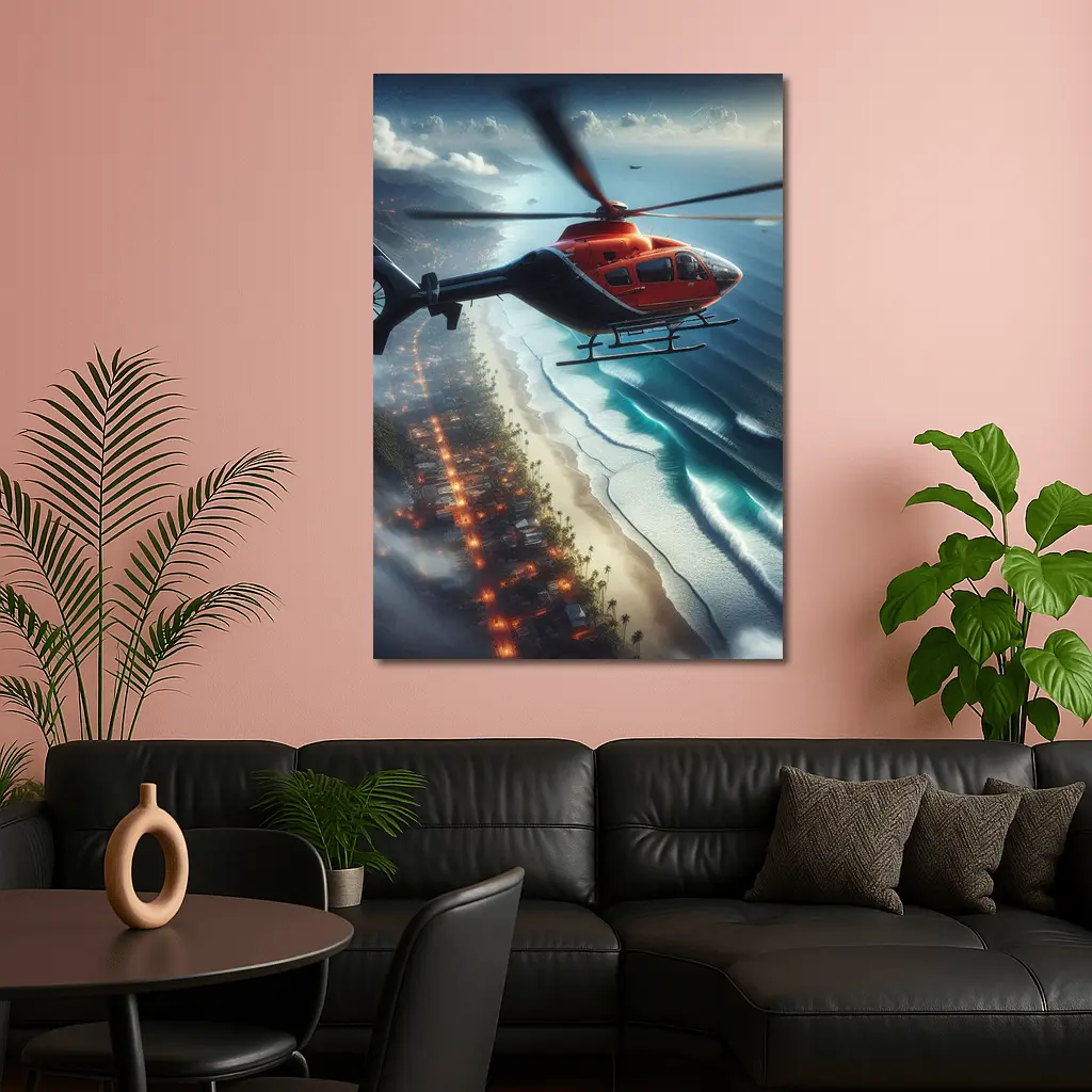 Red Helicopter Flying Over Coastal City – Wall Art