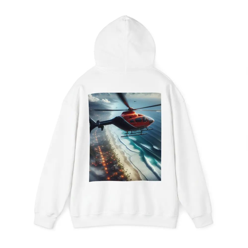 Red Helicopter Flying Over Coastal City – Hoodies