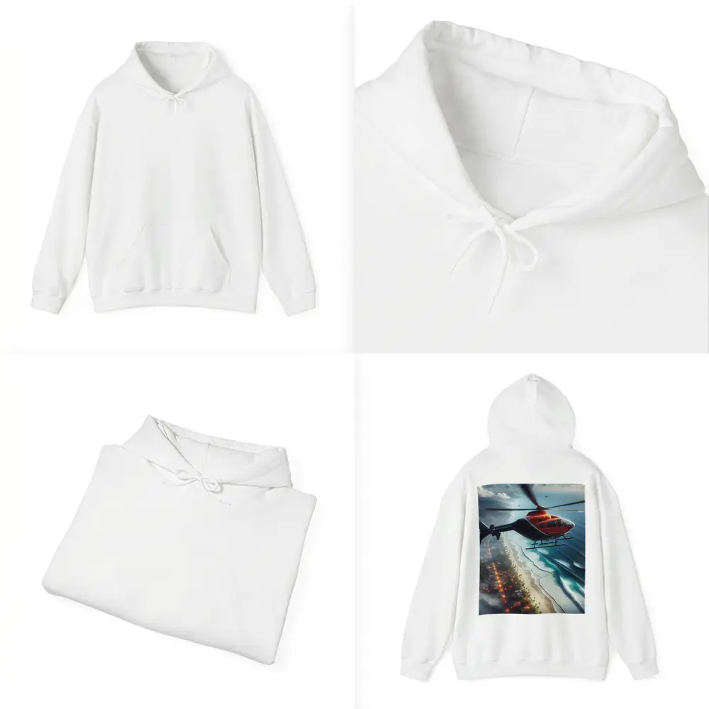 Red Helicopter Flying Over Coastal City – Hoodies