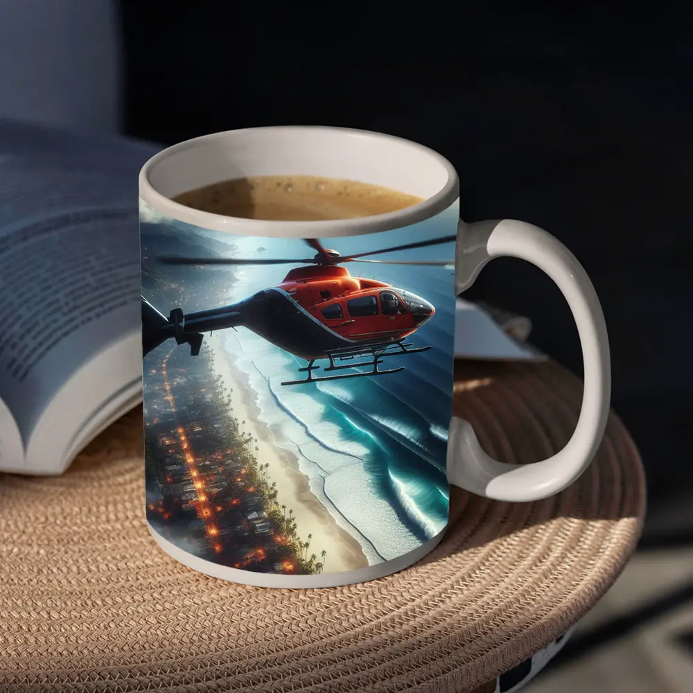 Red Helicopter Flying Over Coastal City – Mugs