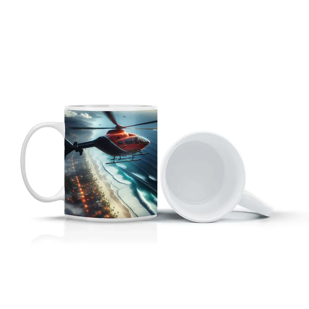 Red Helicopter Flying Over Coastal City – Mugs