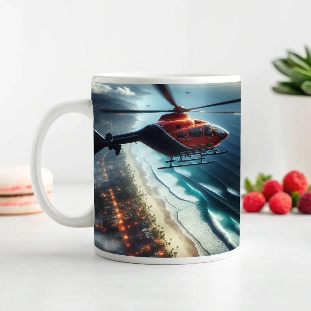 Red Helicopter Flying Over Coastal City – Mugs