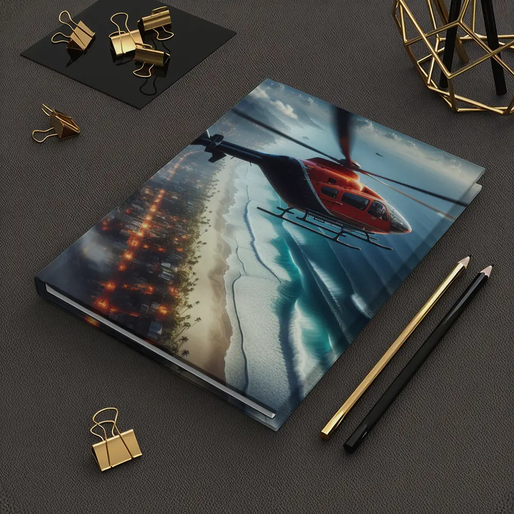 Red Helicopter Flying Over Coastal City – Notebooks