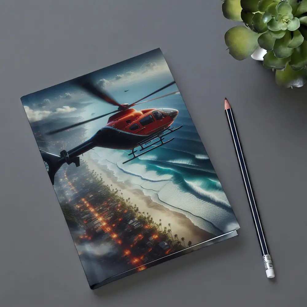 Red Helicopter Flying Over Coastal City – Notebooks
