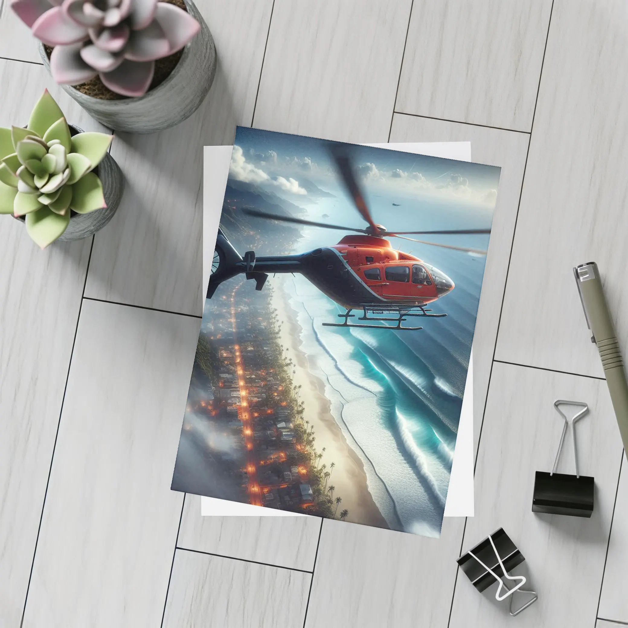 Red Helicopter Flying Over Coastal City – Postcards