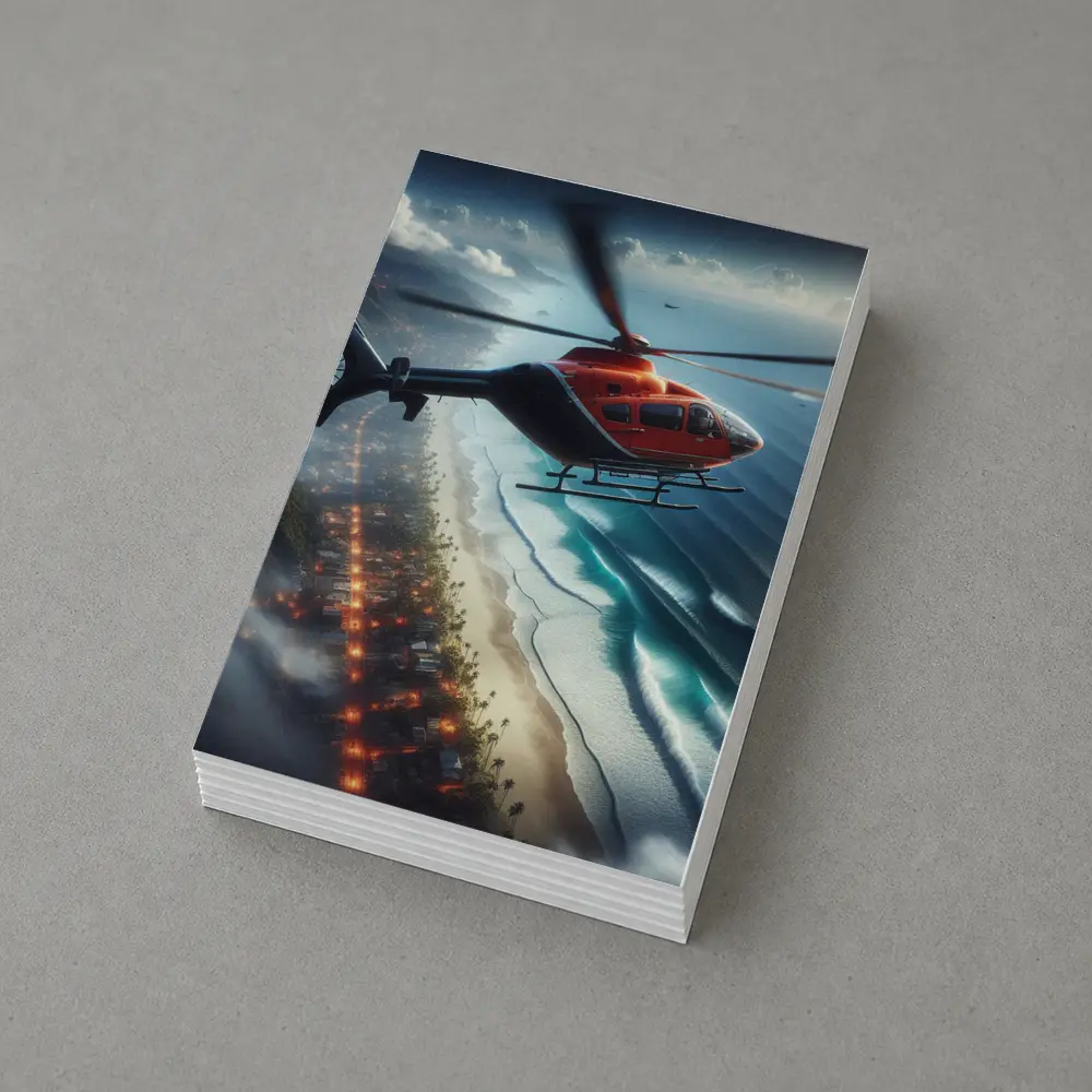 Red Helicopter Flying Over Coastal City – Postcards