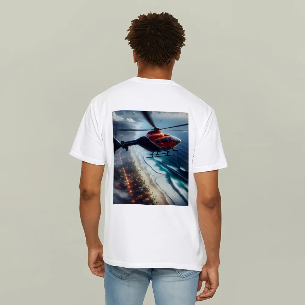 Red Helicopter Flying Over Coastal City – T-Shirts