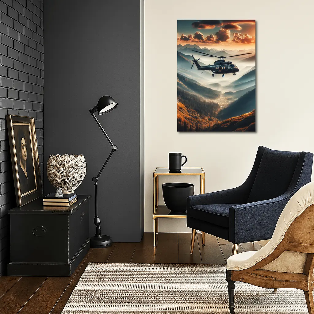 Military Helicopter Flying Over Mountain Valley – Wall Art