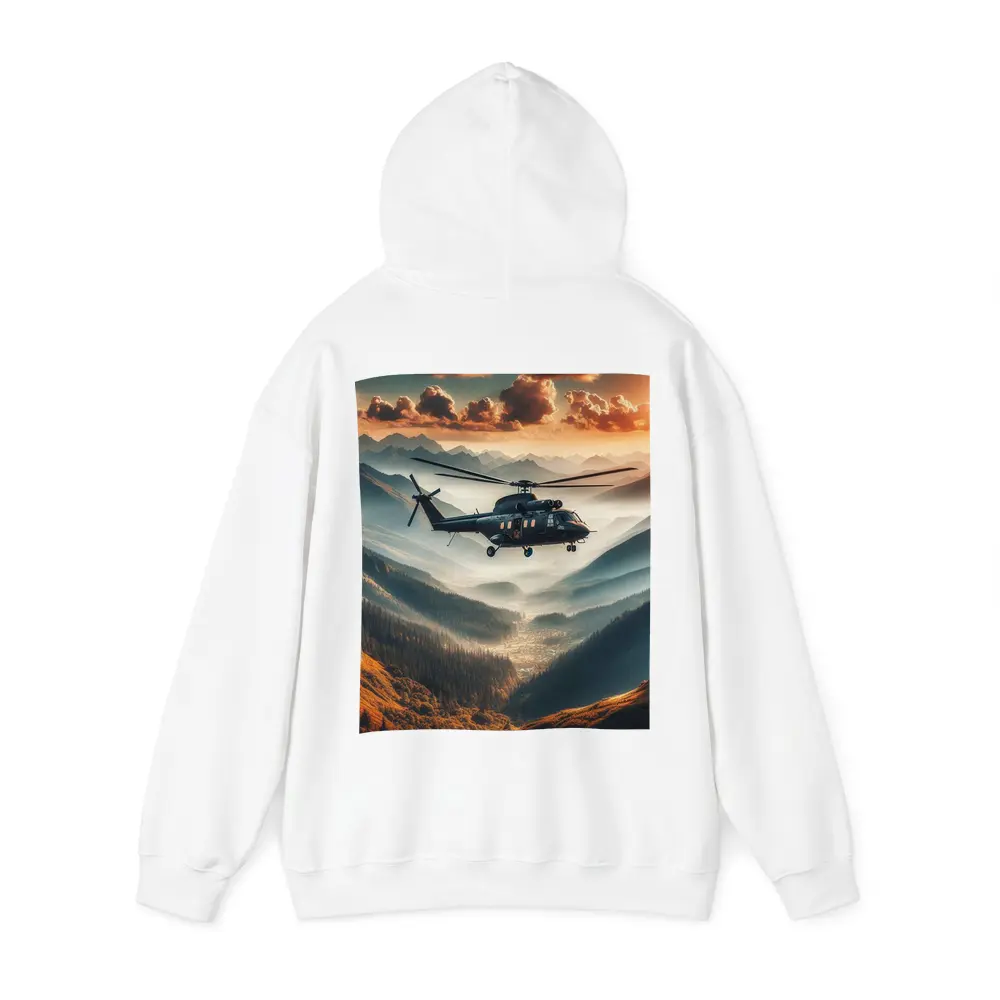 Military Helicopter Flying Over Mountain Valley – Hoodies