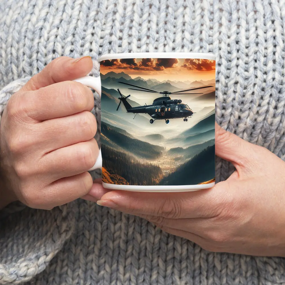 Military Helicopter Flying Over Mountain Valley – Mugs