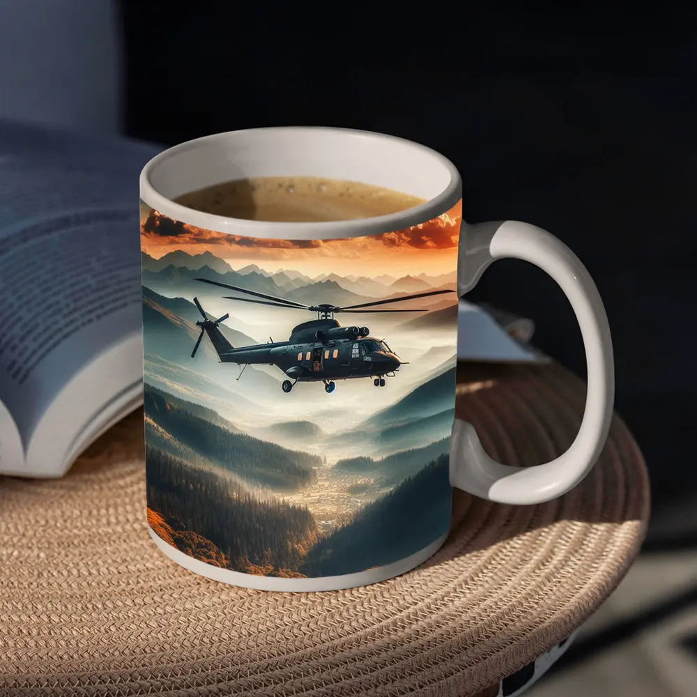 Military Helicopter Flying Over Mountain Valley – Mugs