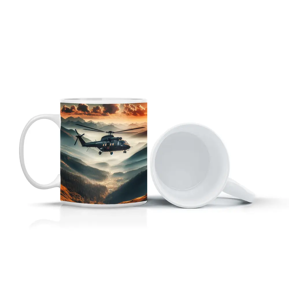 Military Helicopter Flying Over Mountain Valley – Mugs