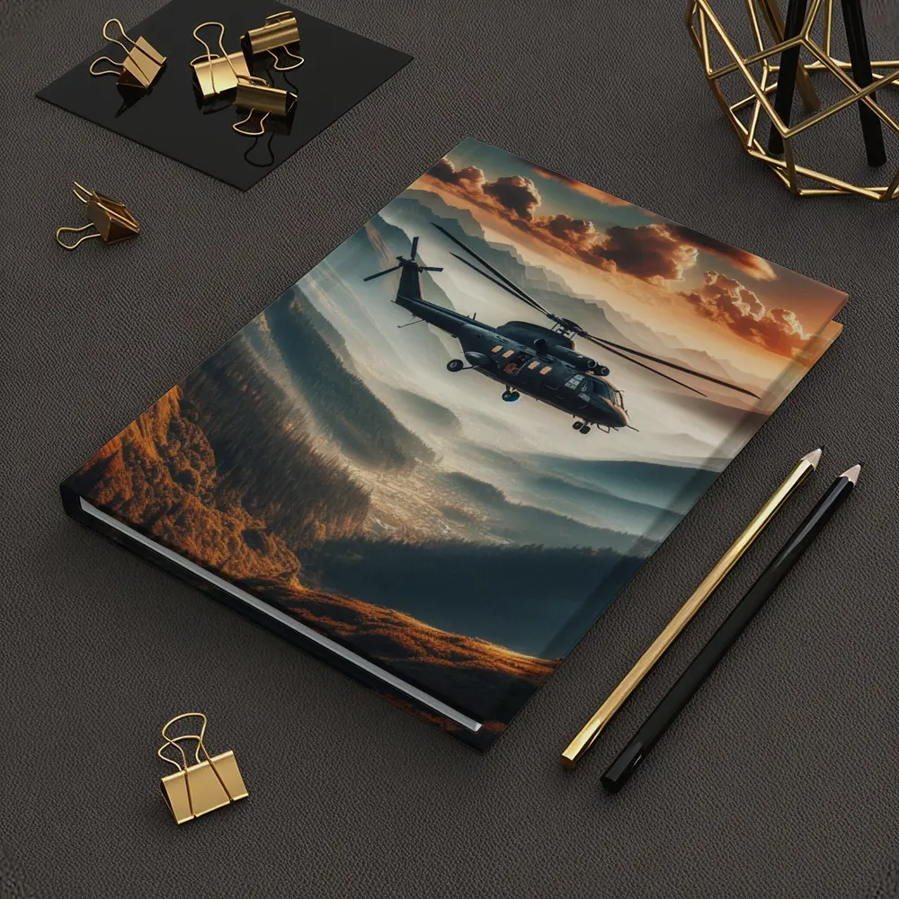 Military Helicopter Flying Over Mountain Valley – Notebooks