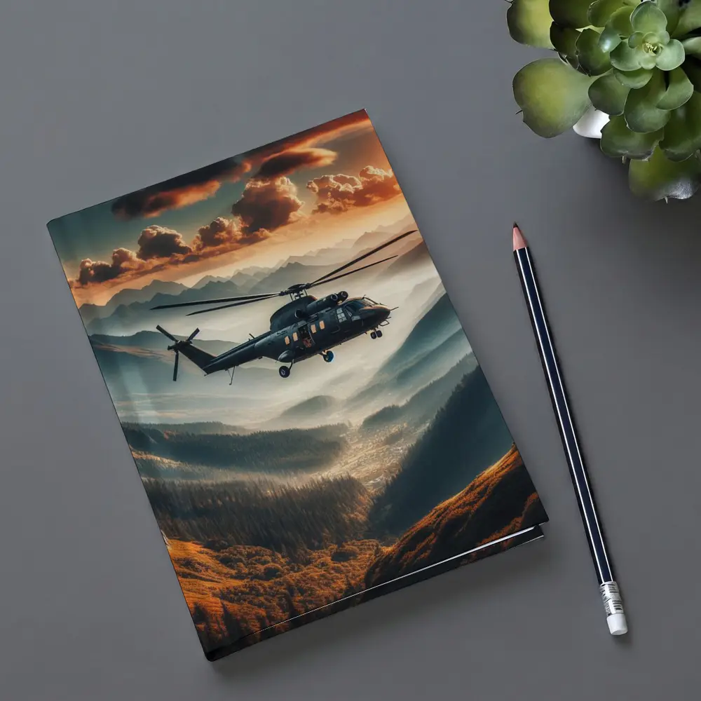 Military Helicopter Flying Over Mountain Valley – Notebooks