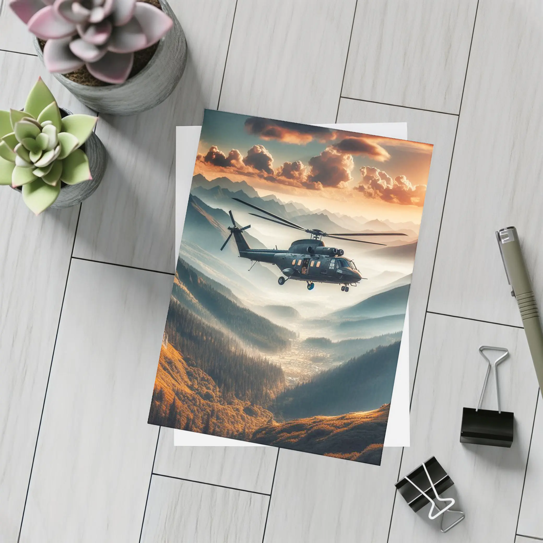 Military Helicopter Flying Over Mountain Valley – Postcards
