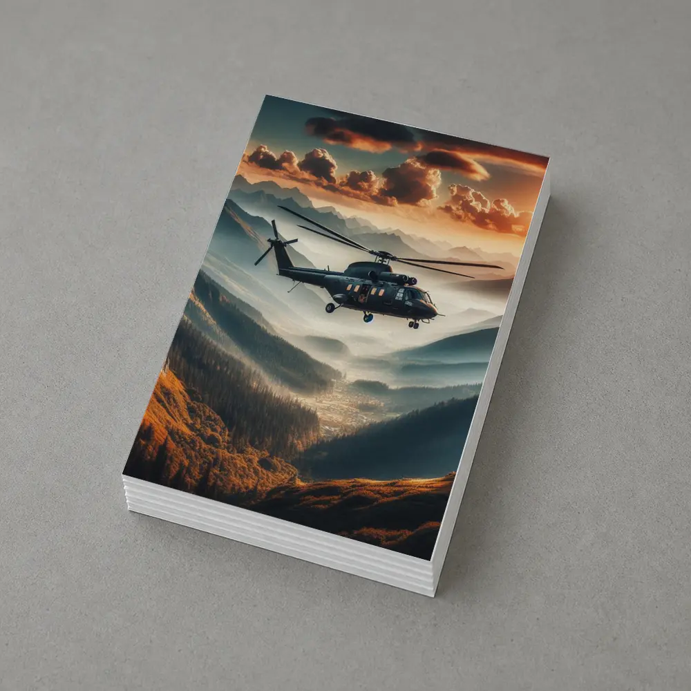 Military Helicopter Flying Over Mountain Valley – Postcards