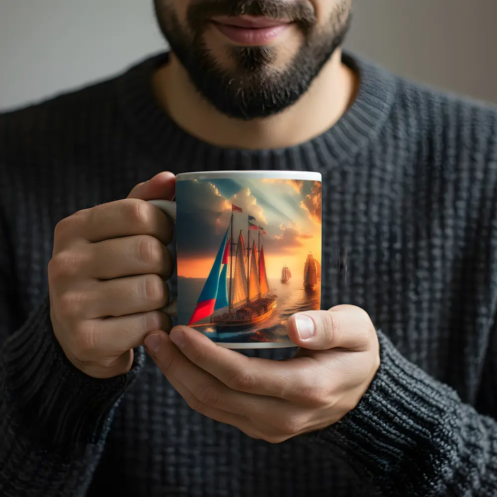 Sailing Ships At Golden Sunset Ocean – Mugs