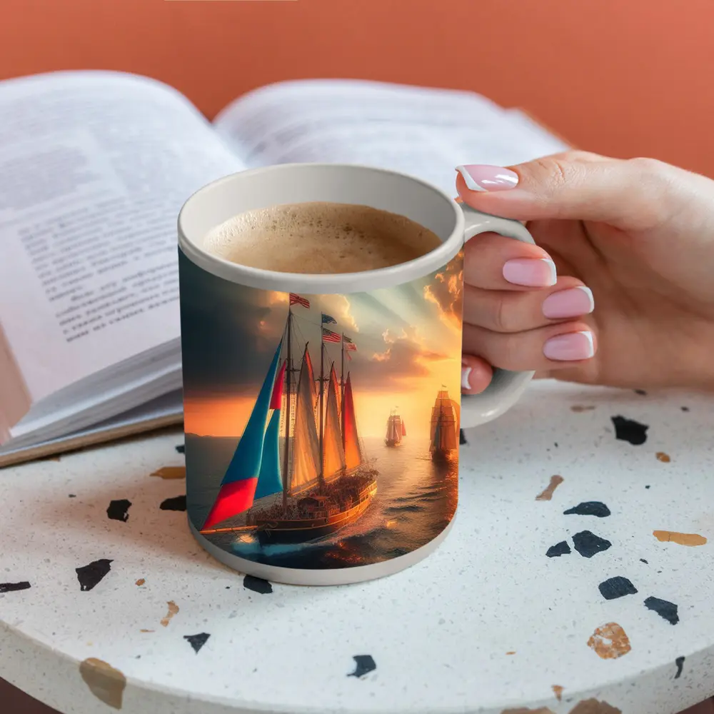 Sailing Ships At Golden Sunset Ocean – Mugs
