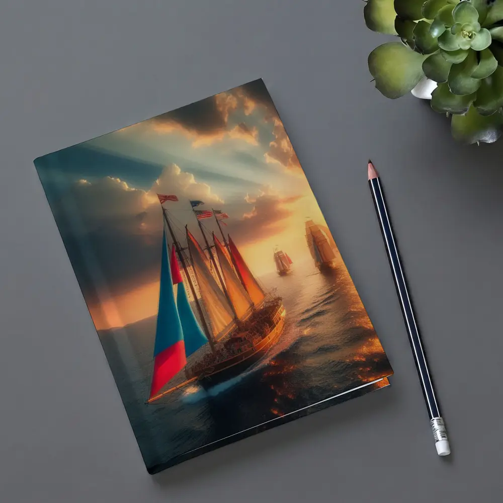Sailing Ships At Golden Sunset Ocean – Notebooks