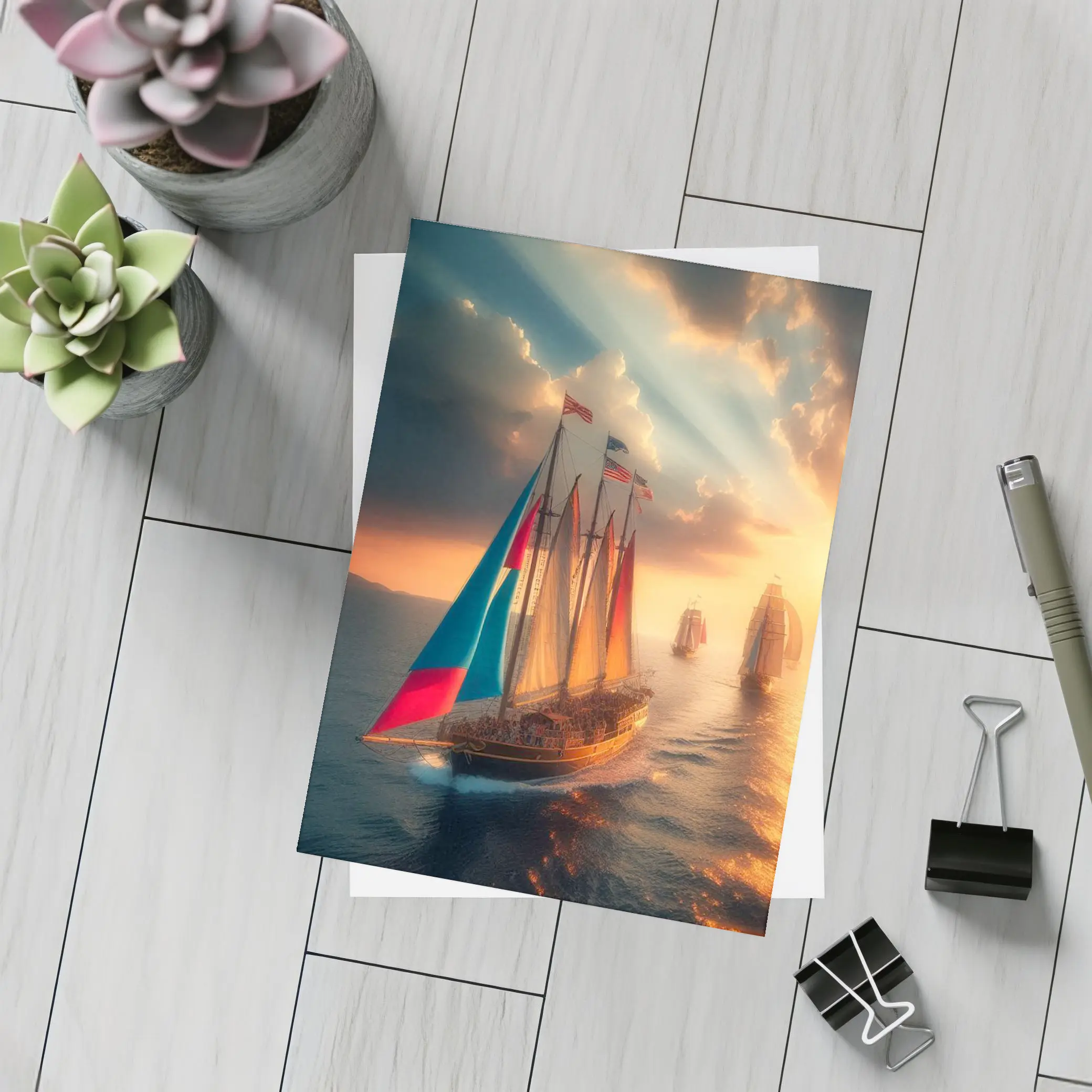 Sailing Ships At Golden Sunset Ocean – Postcards