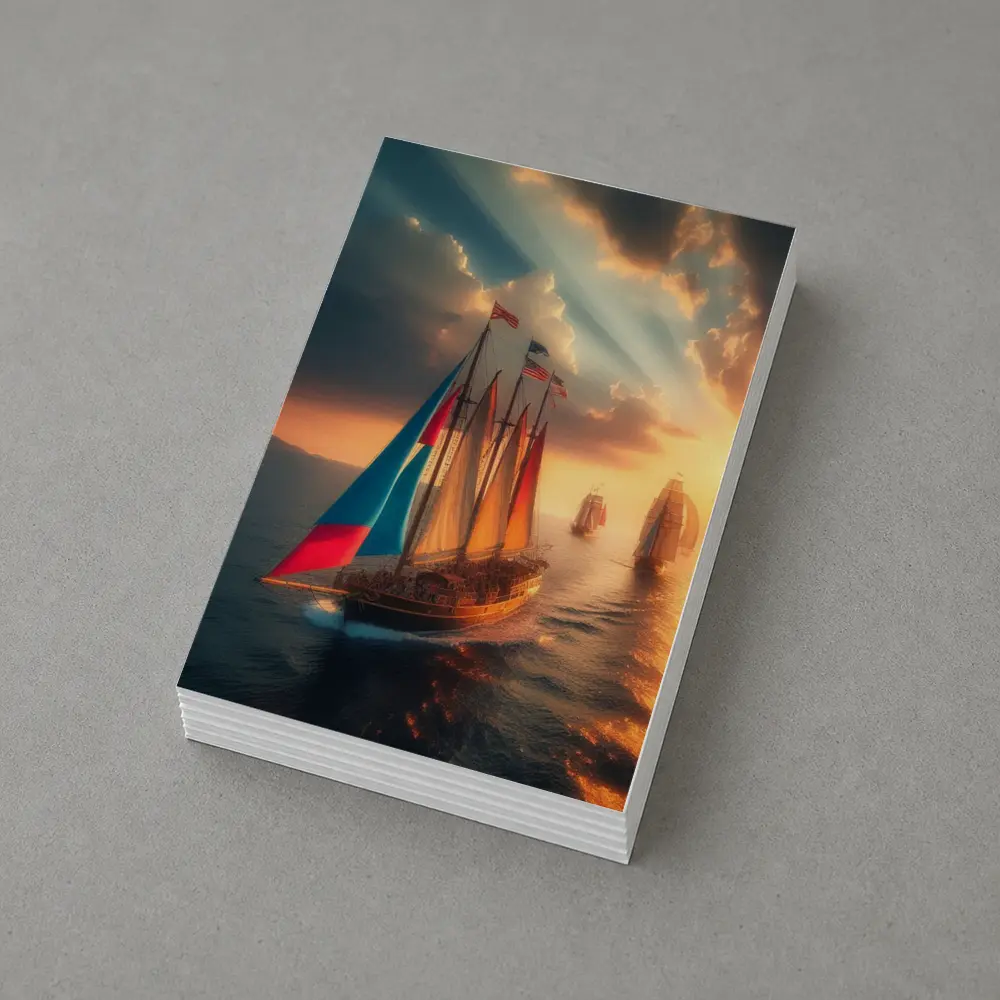 Sailing Ships At Golden Sunset Ocean – Postcards