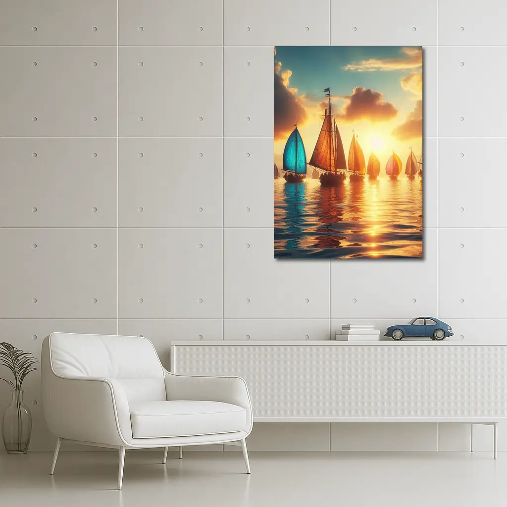 Colorful Sailboats Golden Sunset Ocean Scene – Wall Art