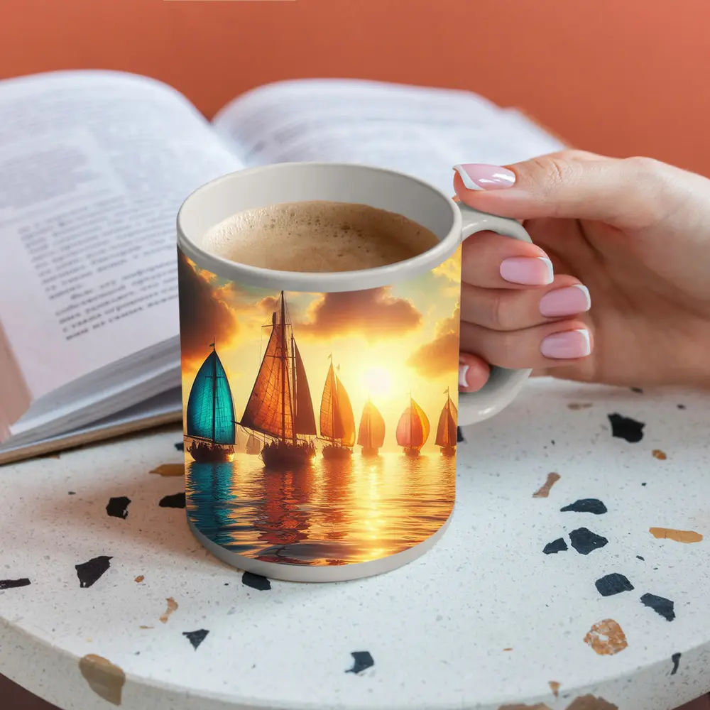 Colorful Sailboats Golden Sunset Ocean Scene – Mugs