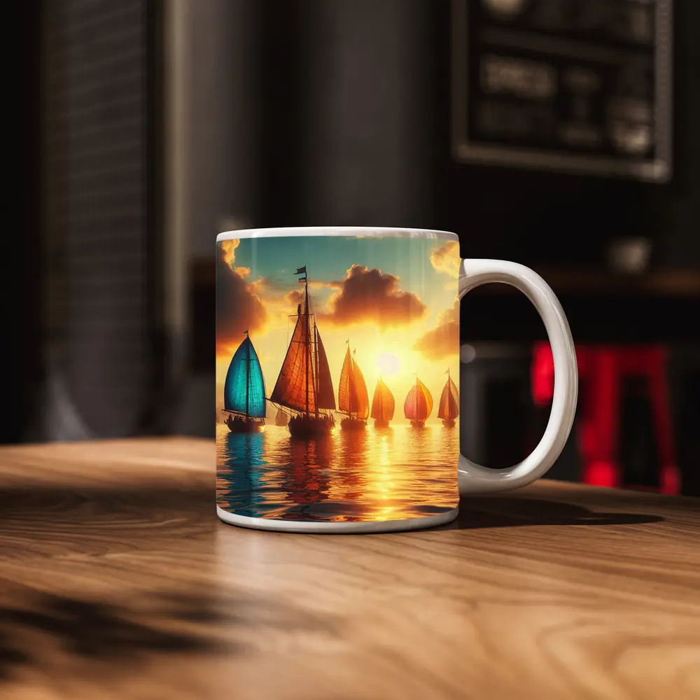 Colorful Sailboats Golden Sunset Ocean Scene – Mugs