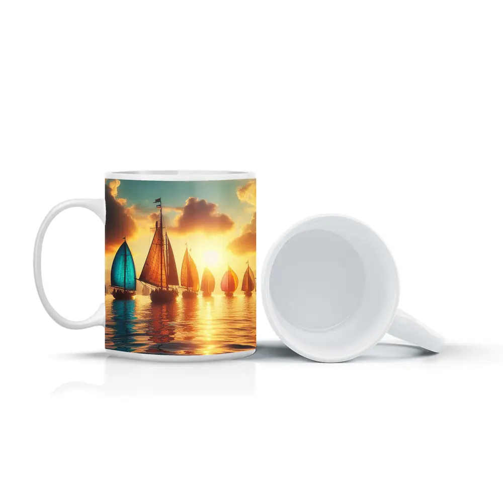 Colorful Sailboats Golden Sunset Ocean Scene – Mugs