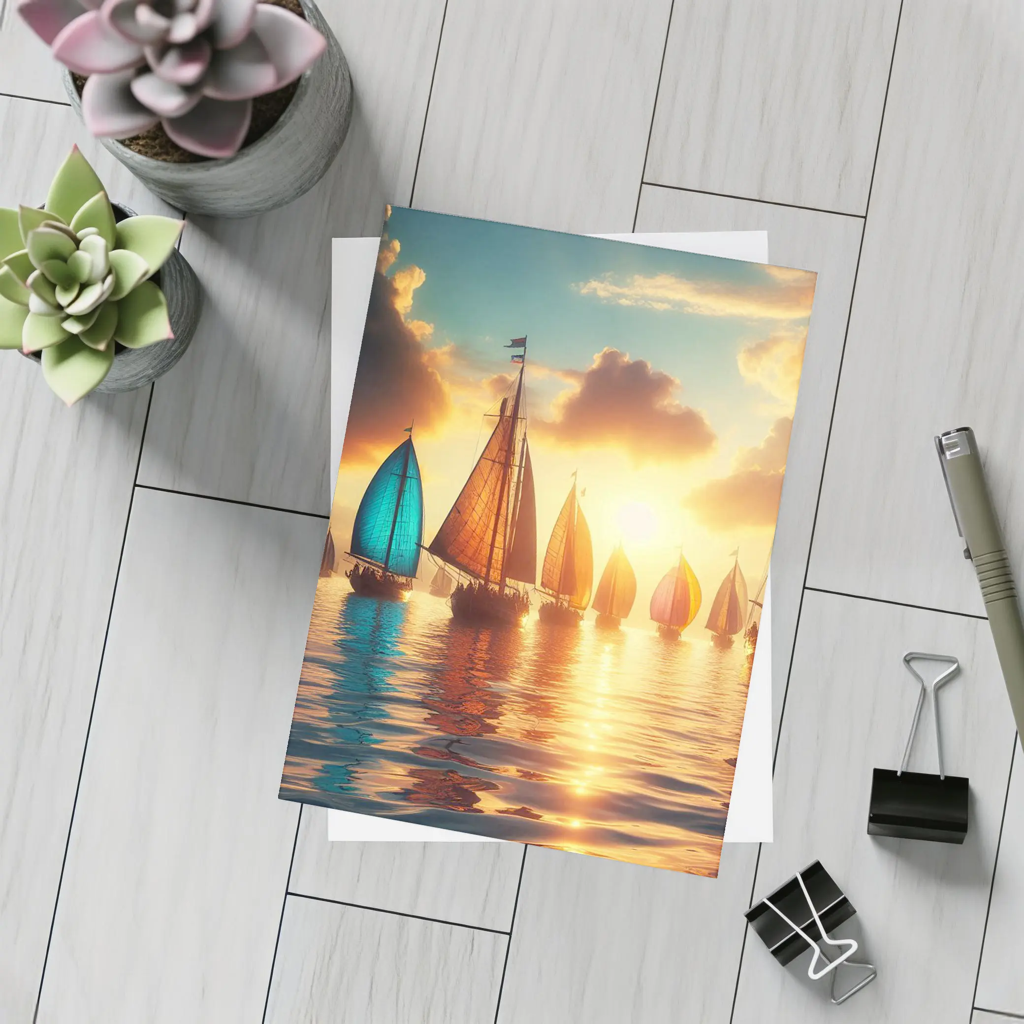 Colorful Sailboats Golden Sunset Ocean Scene – Postcards