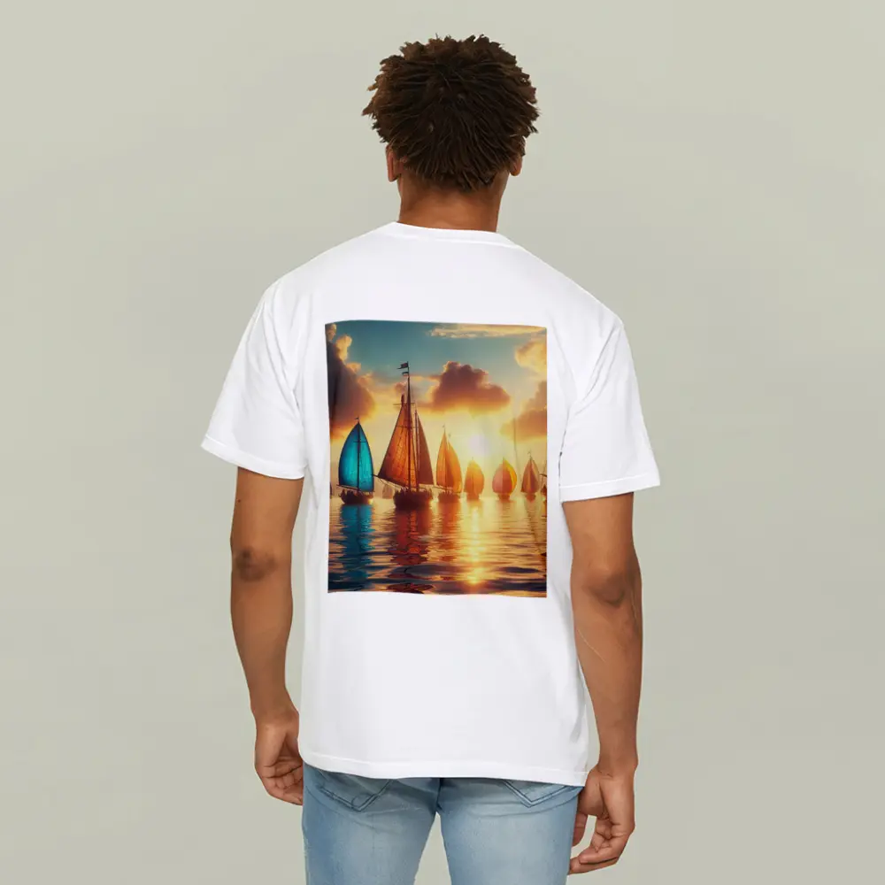 Colorful Sailboats Golden Sunset Ocean Scene – T-Shirts