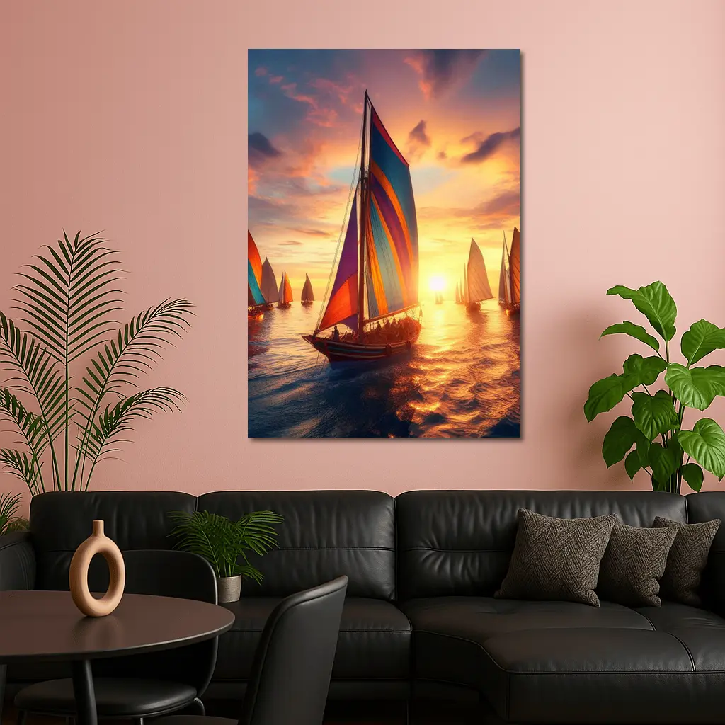 Colorful Sailboats Racing at Golden Sunset – Wall Art