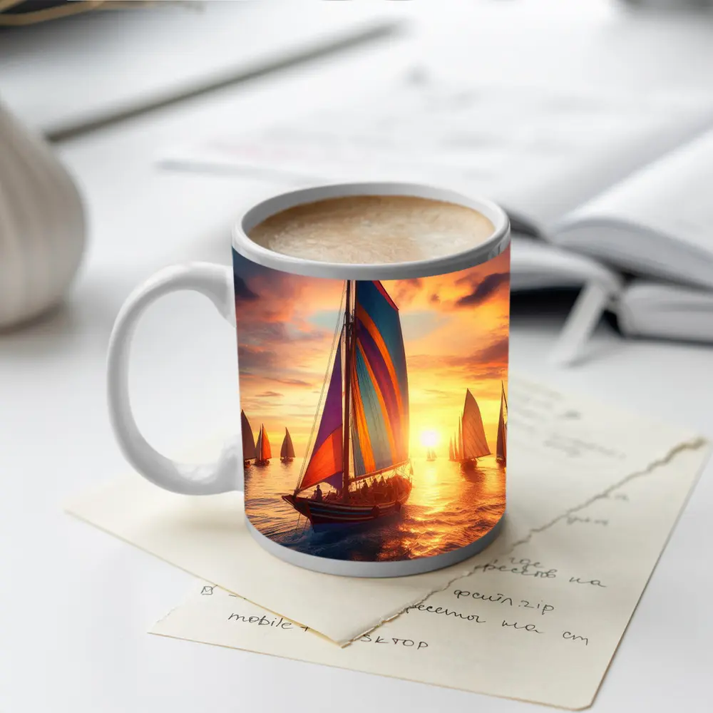 Colorful Sailboats Racing at Golden Sunset – Mugs