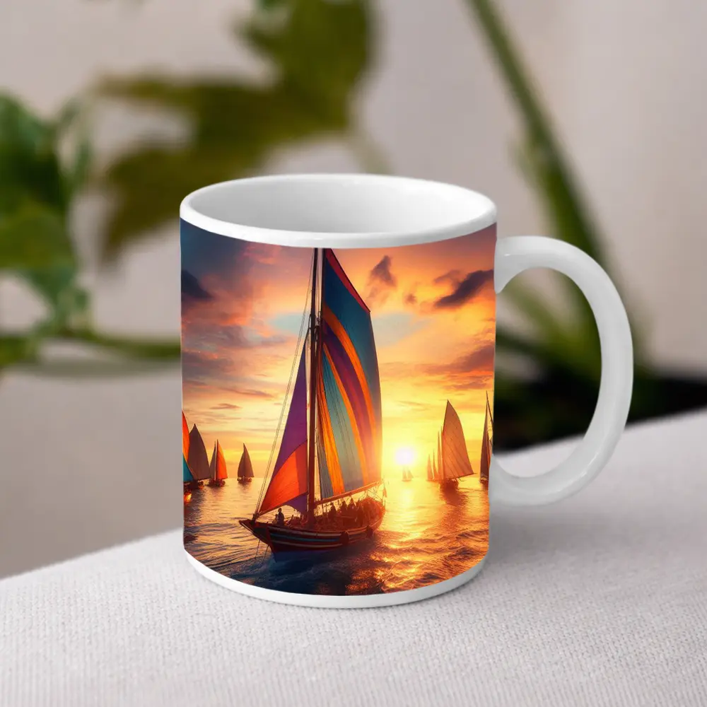 Colorful Sailboats Racing at Golden Sunset – Mugs