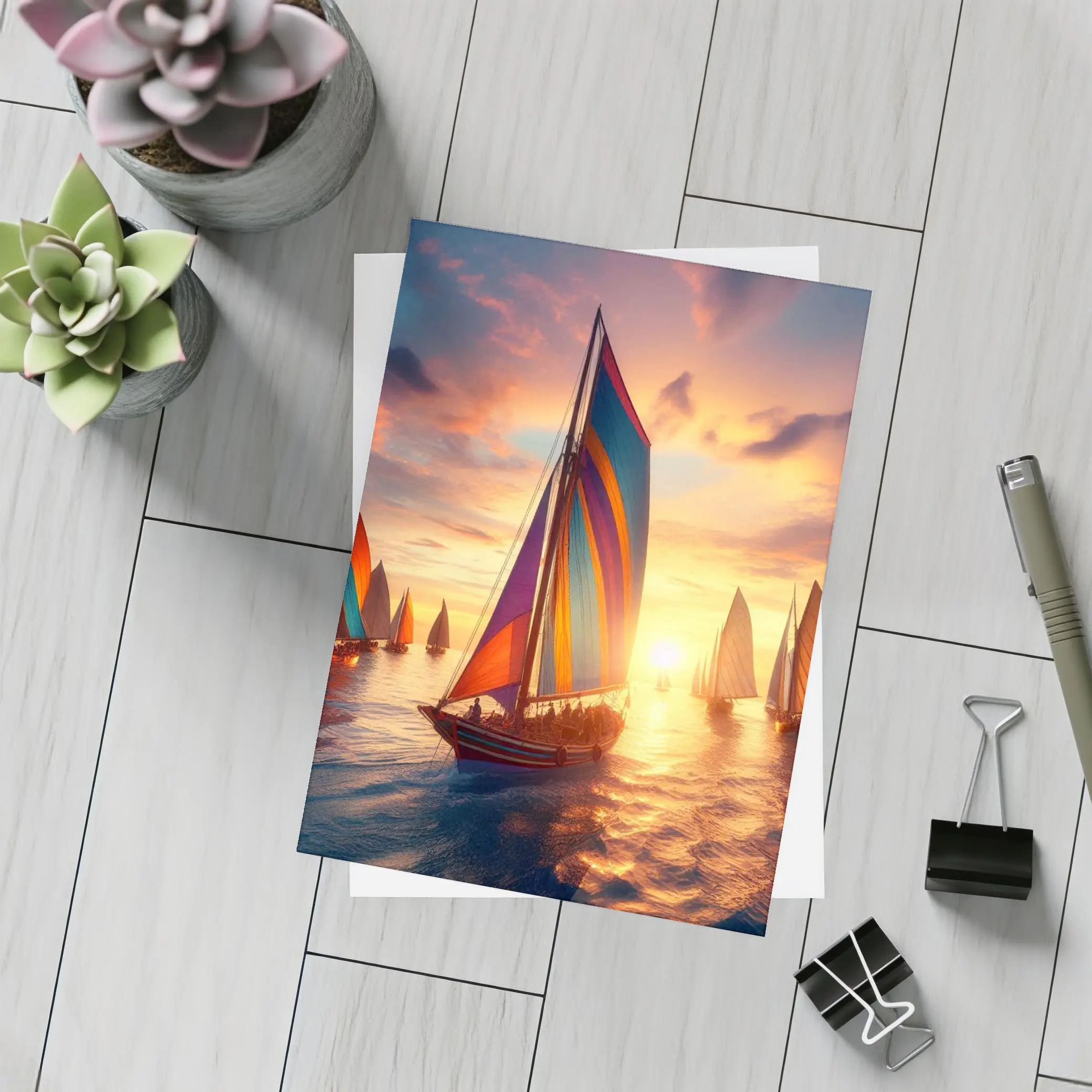 Colorful Sailboats Racing at Golden Sunset – Postcards