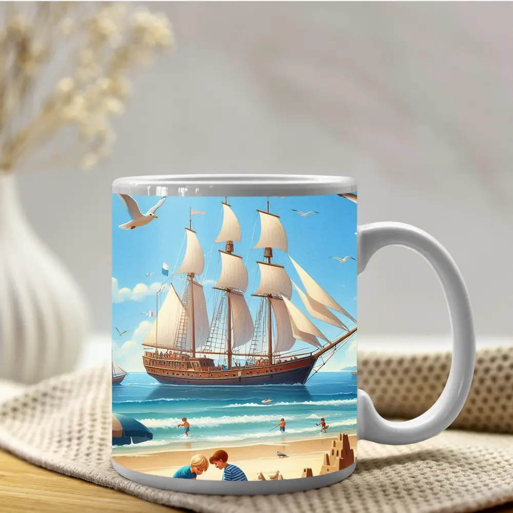 Kids Playing Beach Tall Ship Summer – Mugs