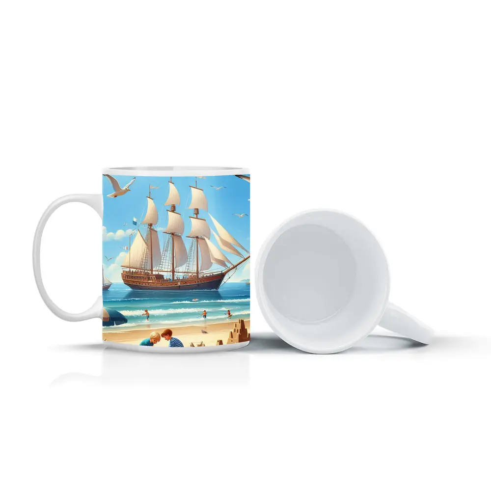 Kids Playing Beach Tall Ship Summer – Mugs
