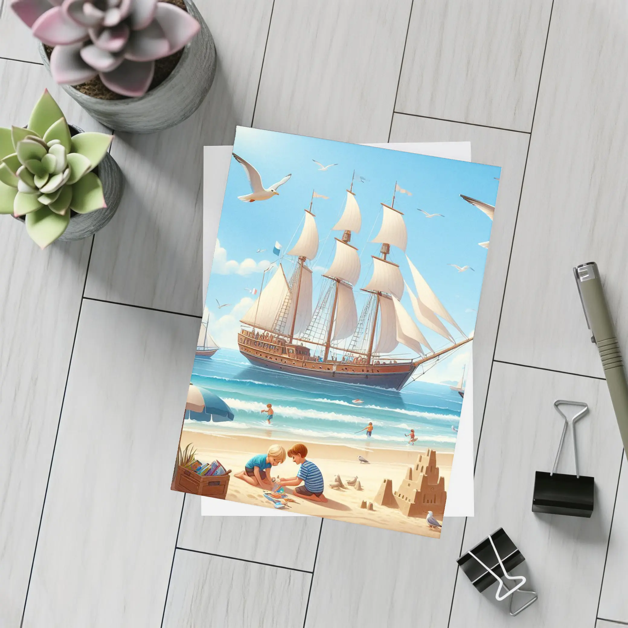 Kids Playing Beach Tall Ship Summer – Postcards