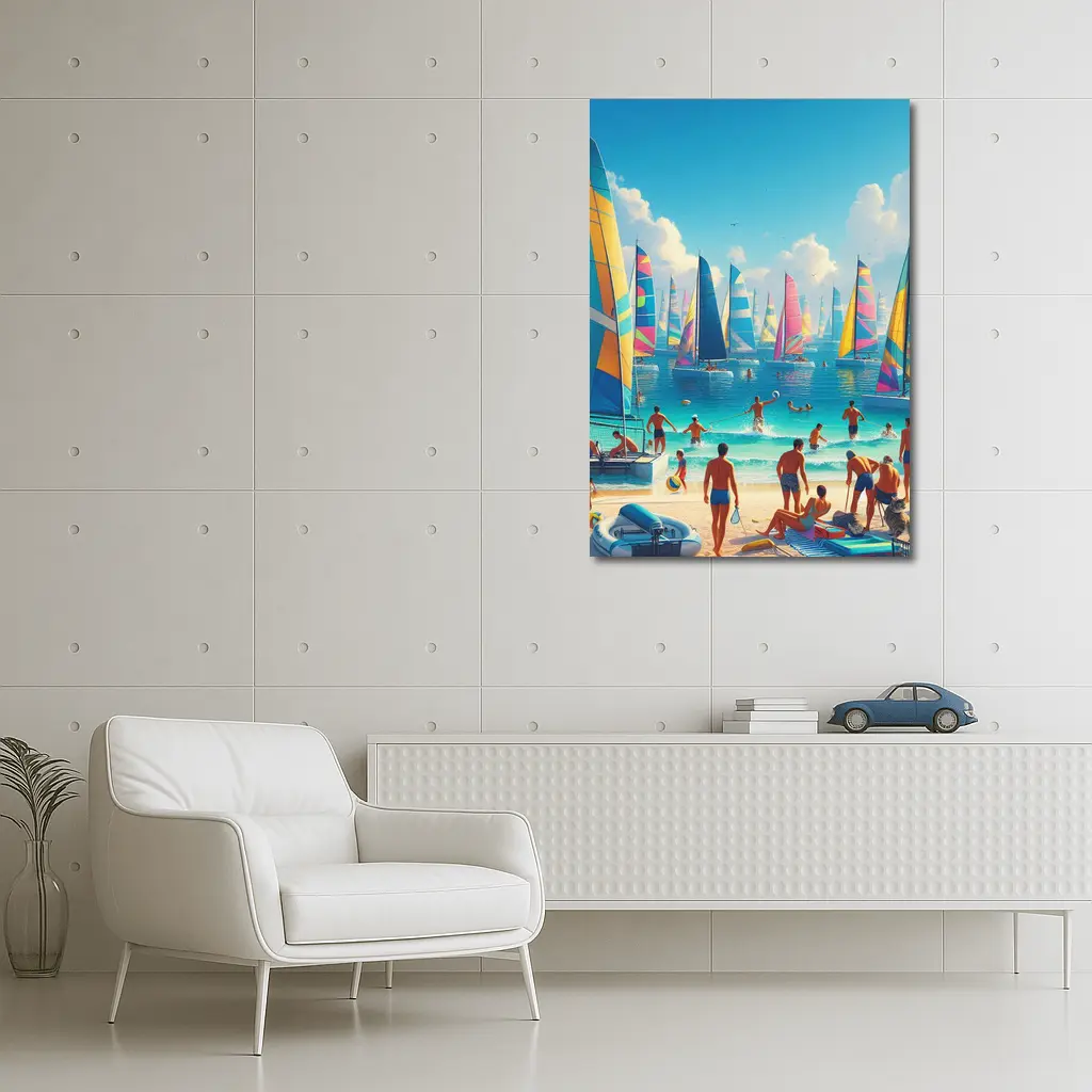Colorful Sailboats Beach Summer Vacation Scene – Wall Art
