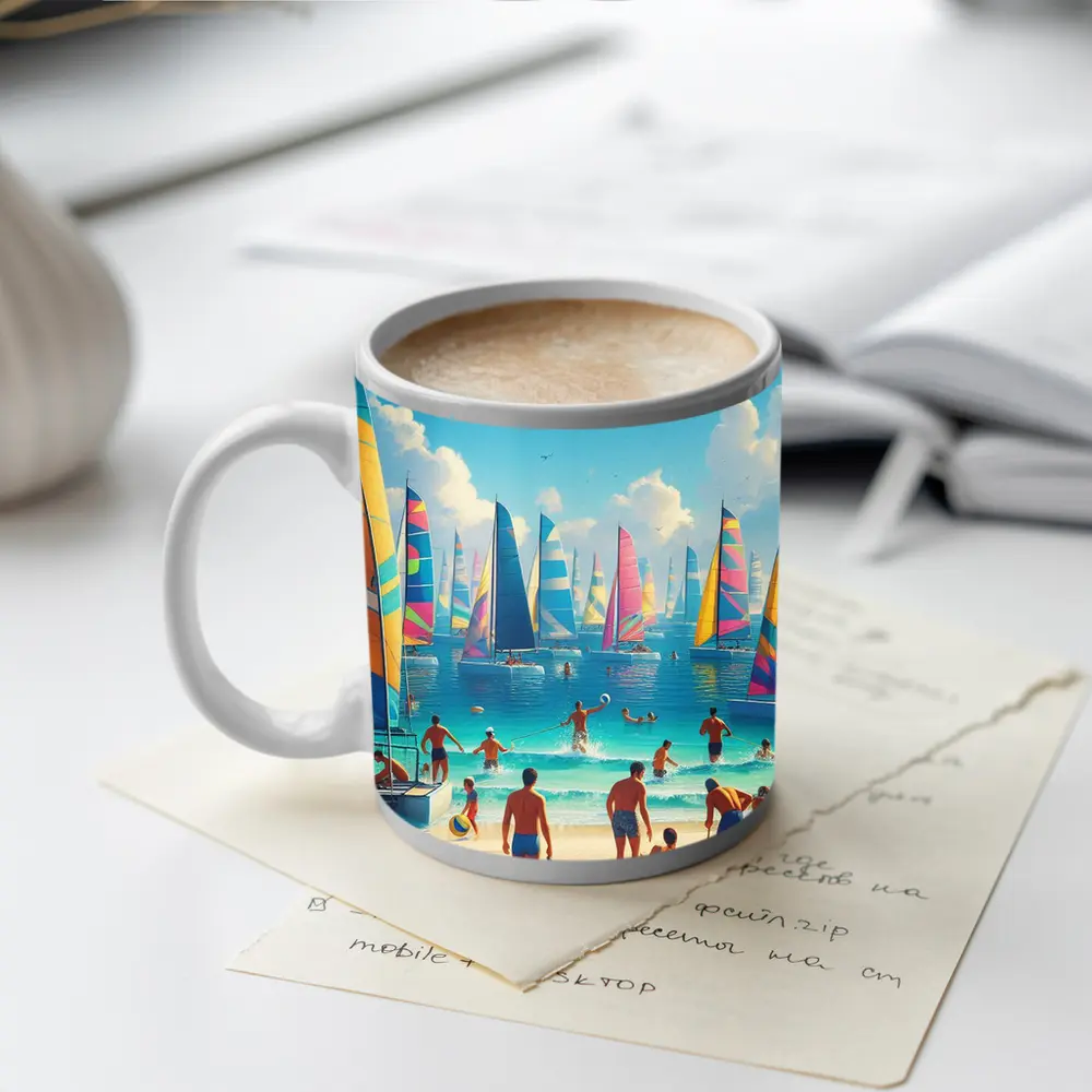 Colorful Sailboats Beach Summer Vacation Scene – Mugs