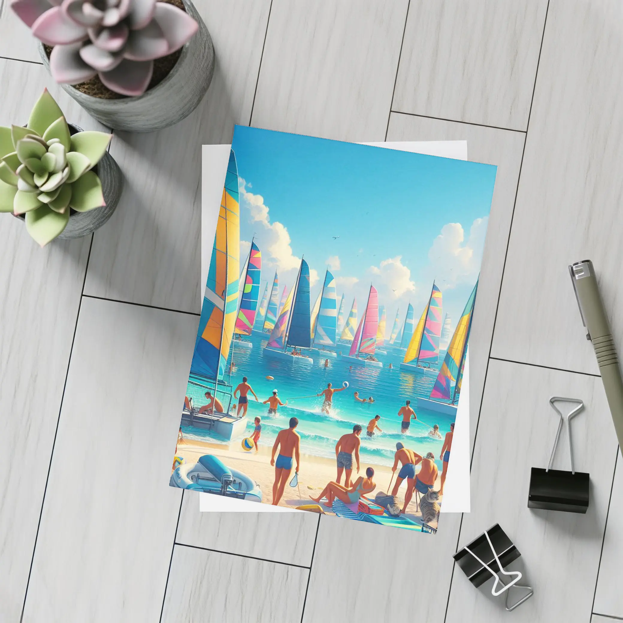Colorful Sailboats Beach Summer Vacation Scene – Postcards