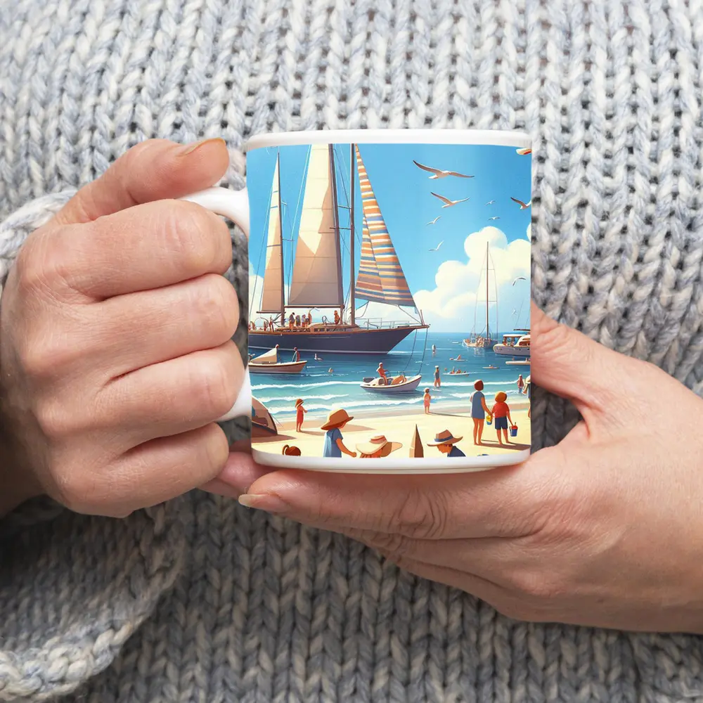 Summer Beach Day Sailboats Illustration Art – Mugs