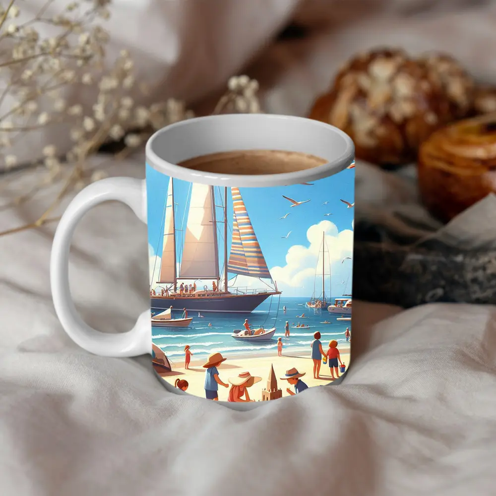 Summer Beach Day Sailboats Illustration Art – Mugs