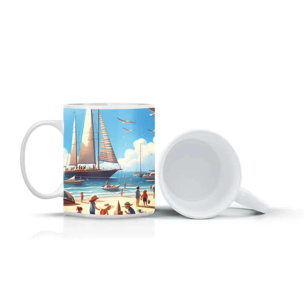 Summer Beach Day Sailboats Illustration Art – Mugs