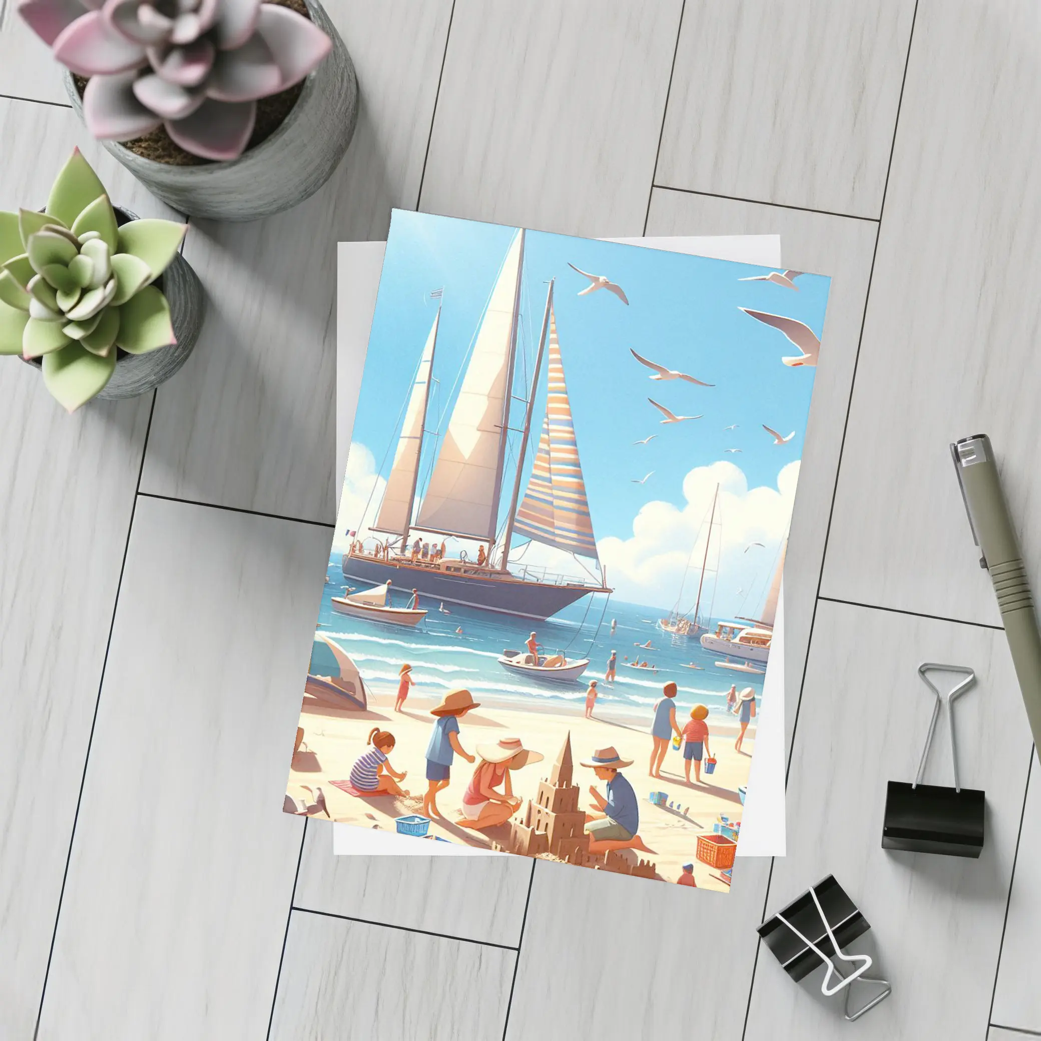 Summer Beach Day Sailboats Illustration Art – Postcards