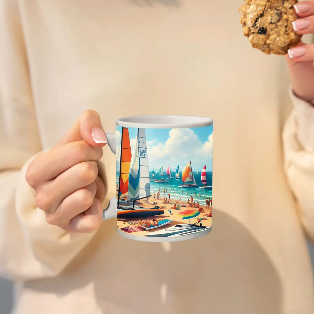 Sunny Beach Sailboats Colorful Summer Ocean Scene – Mugs