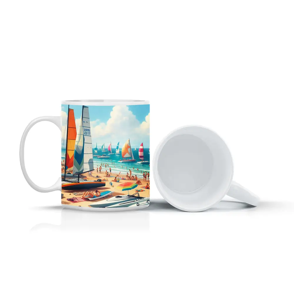 Sunny Beach Sailboats Colorful Summer Ocean Scene – Mugs