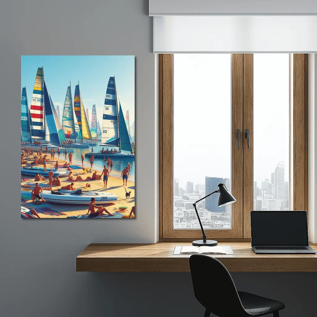 Colorful Sailboats Busy Summer Beach Scene – Wall Art