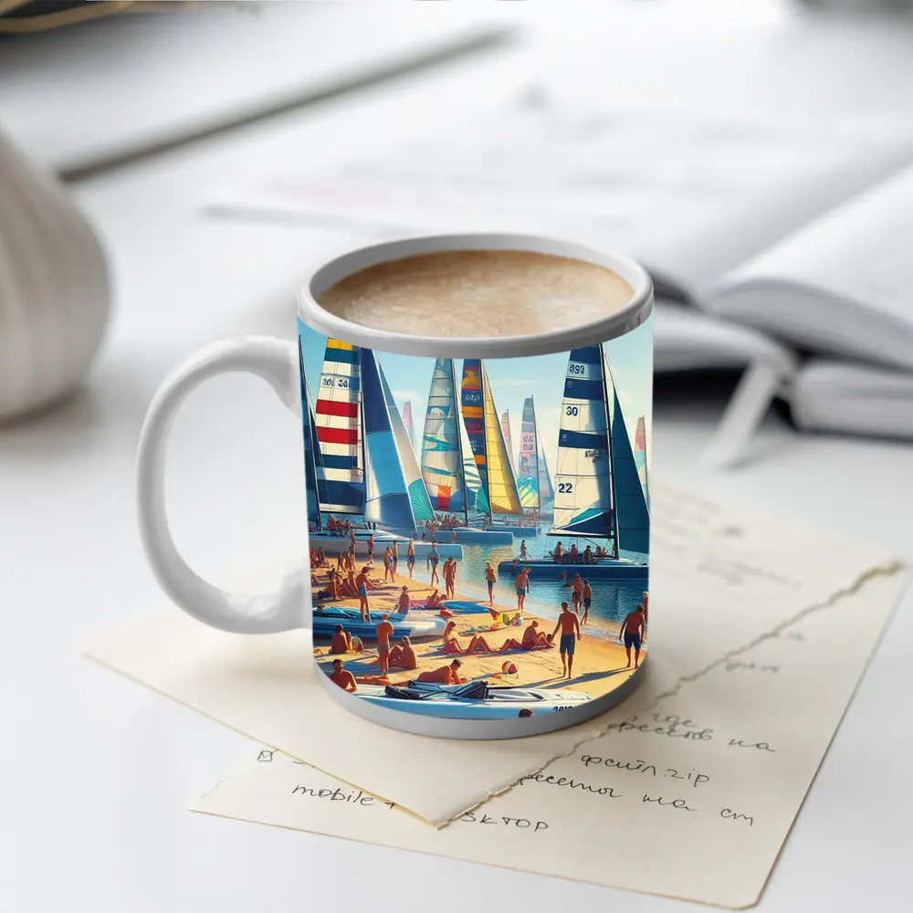 Colorful Sailboats Busy Summer Beach Scene – Mugs